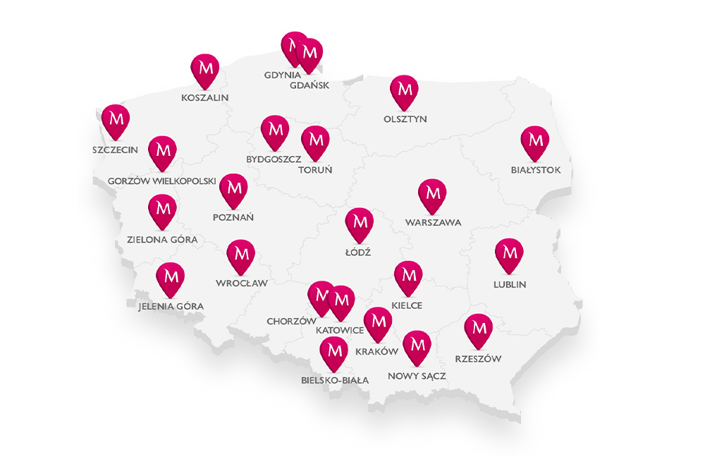 mapa z zaznaczonymi polskimi miastami